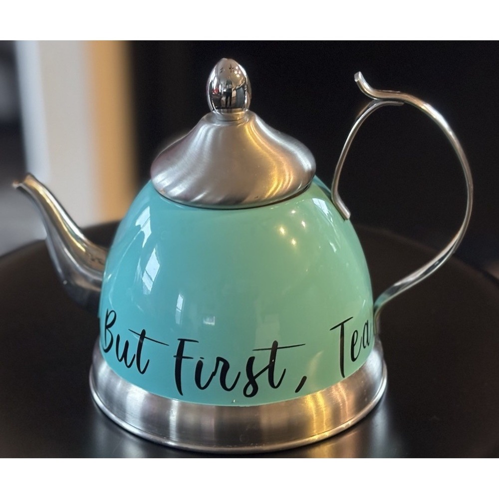 Turquoise Teapot Pot with Infuser Basket But First, Tea Kettle Creative Home